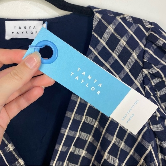 Tanya Taylor Nicola Navy Blue Plaid Long Sleeve Plunge Fit & Flare Mini Dress - Picture 6 of 6